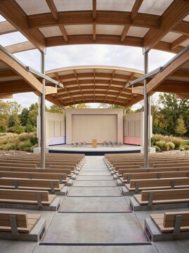 Modern outdoor amphitheater with wooden roof structure and rows of seating in a park setting