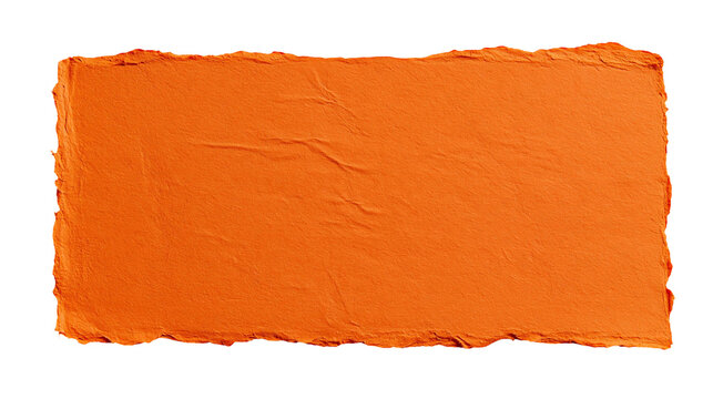 Rectangular piece of vibrant orange handmade paper with rough torn deckle edges