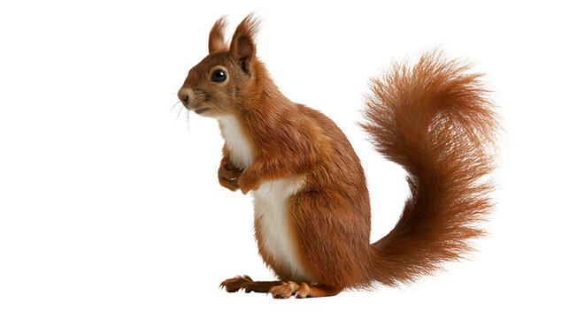 Red squirrel standing upright with fluffy tail and white belly fur