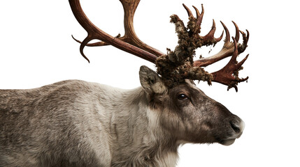 Majestic reindeer head with large velvet antlers and thick brown fur © Alaric
