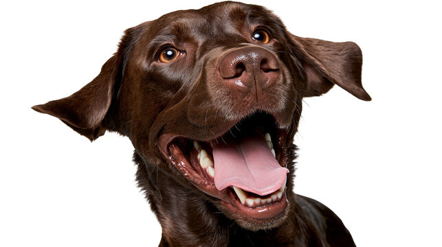Happy chocolate Labrador retriever dog with open mouth and tongue out
