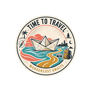 Wanderlust awaits travel emblem with paper boat on ocean and vintage compass travel badge travel logo travel illustration nautical theme outdoor activities vacation