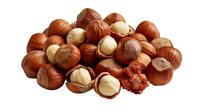 Pile of whole raw hazelnuts with brown shells and peeled kernels