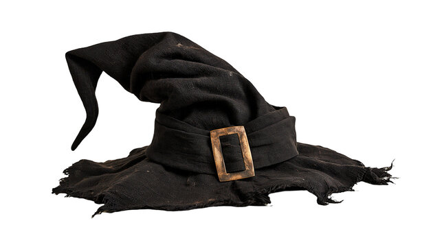 Black weathered fabric witch hat with a rustic metal buckle