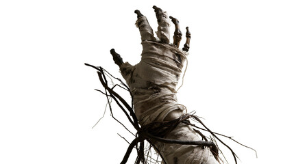 Wrapped mummy hand reaching out with tangled dark tree branches © Alaric