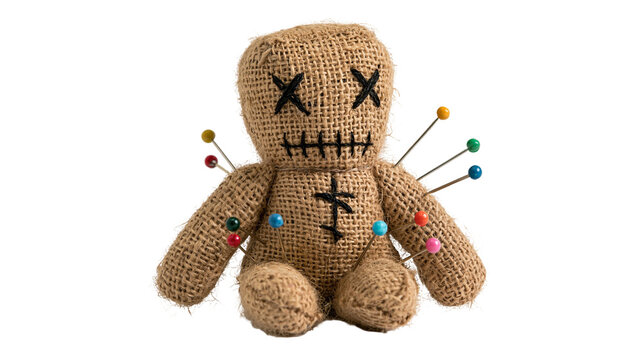 Burlap voodoo doll with black stitched eyes and mouth pierced by colorful pins