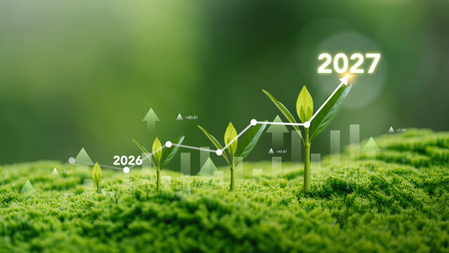 2027 Business growth concept. Seedling are growing with success graph comparative year 2026 to 2027. New year development to success, profit development with Sustainability environment goal.