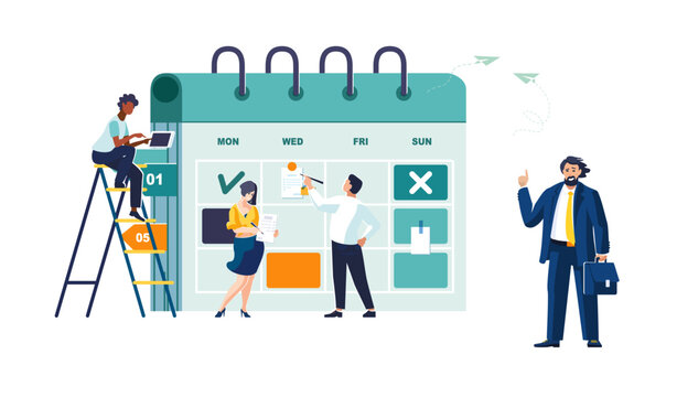 Calendar with people making business financial notes. Businessman with briefcase analyzing financial market. Flat green banner design for business presentation. White background. Vector illustration
