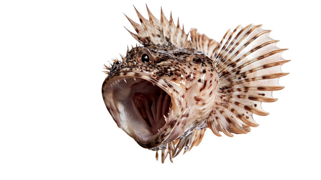 Spotted scorpionfish with wide open mouth and sharp teeth