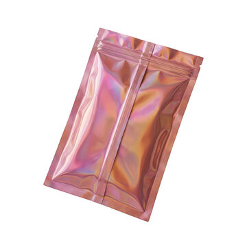 A holographic metallic sachet pouch mockup for cosmetic product branding isolated on transparent background