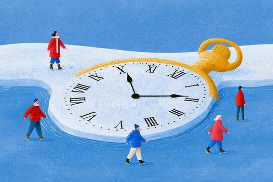 Whimsical Clock Meltdown on Street with People Walking by, Illustrated in Colorful Style
