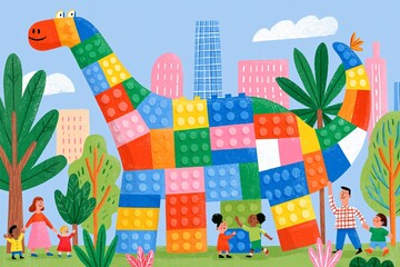 Fototapeta premium Vibrant Cityscape with Multi-Colored Lego Dinosaur and People, Surrounded by Trees and Buildings