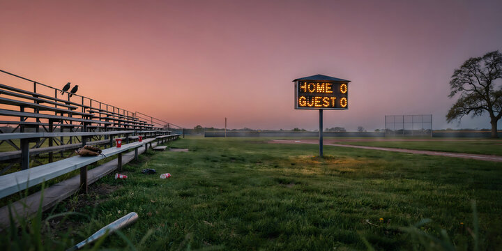 Baseball stadium with wooden bleachers and a glowing scoreboard showing zero at sunset, with a pink sky over the grassy field and a tree