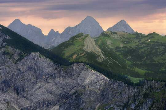 Rugged Alpine peaks viewed from Breitenberg near Pfronten