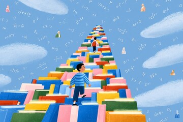 Fototapeta premium Whimsical Journey: A Vividly Colored Character Climbs a Tower of Lego Blocks