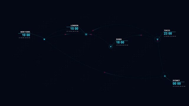 Abstract dot matrix world map with glowing data connection arcs and holographic city time zones.