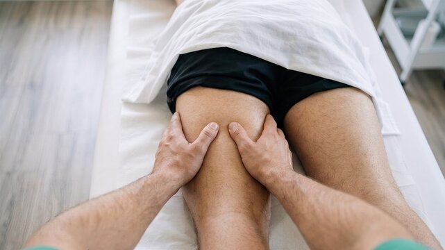 A point-of-view photograph looking down at the hands of a practitioner in scrub greens working on the thigh muscles of a patient lying on a treatment table, for specialist care websites.