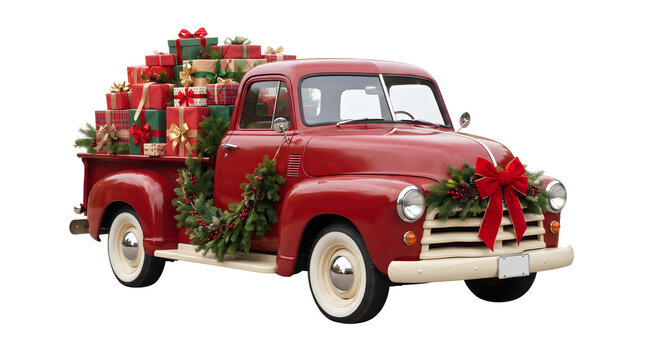 Vintage red pickup truck loaded with christmas gifts isolated on transparent background