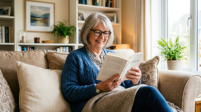 Elderly Woman Joyfully Reading Book At Home Cozy Living Room