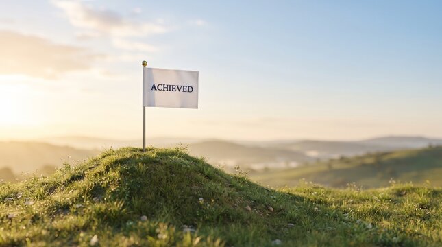 small white flag with achieved text placed on top of grassy hill during sunrise