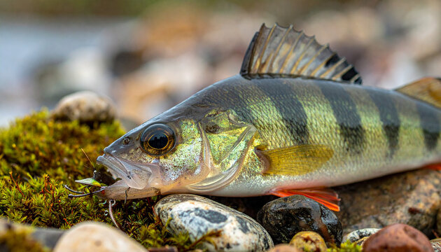 European perch resting on a river bank