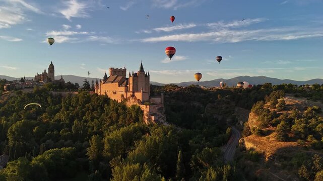 An aerial view taken from a drone as it flies away, showing colorful hot-air balloons and motorized paragliders flying over Segovia Castle, with the mountains in the background.