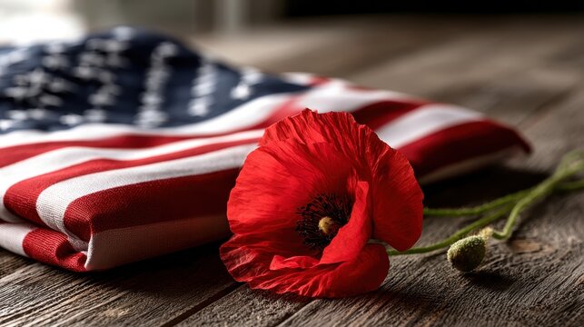 Red poppy on folded American flag for Veterans Day tribute