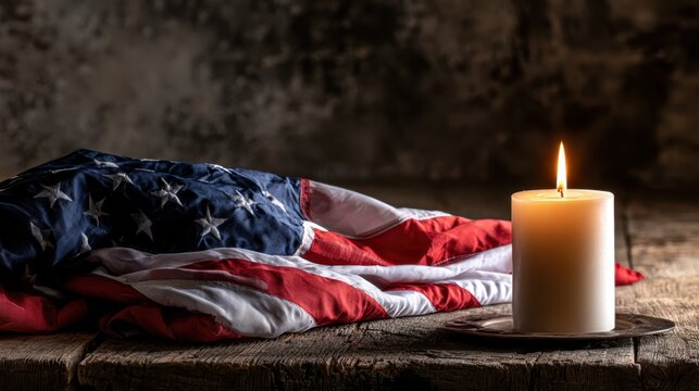Folded American flag and burning candle for Veterans Day remembrance