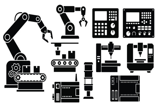 Industrial automation and robotic manufacturing silhouette vector icon set