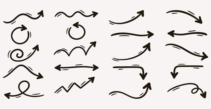 Hand Drawn Arrow Doodle Collection with Curved Wavy Loop and Directional Brush Strokes