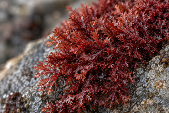 Red seaweed with astaxanthin pigment grows on wet rocky surface showing natural marine texture and vibrant color in coastal environment
