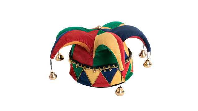 Colorful medieval jester hat with bells accessory isolated on transparent background