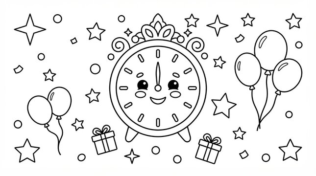 Cute cartoon alarm clock character with balloons and gift boxes coloring page design