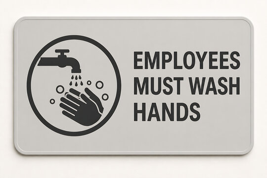 A grey sign with a graphic of hands being washed under running water, stating EMPLOYEES MUST WASH HANDS.