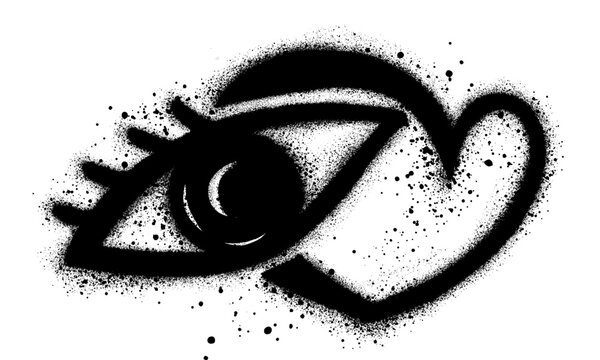 Eye graffiti with heart shape black spray paint. Vector illustration.