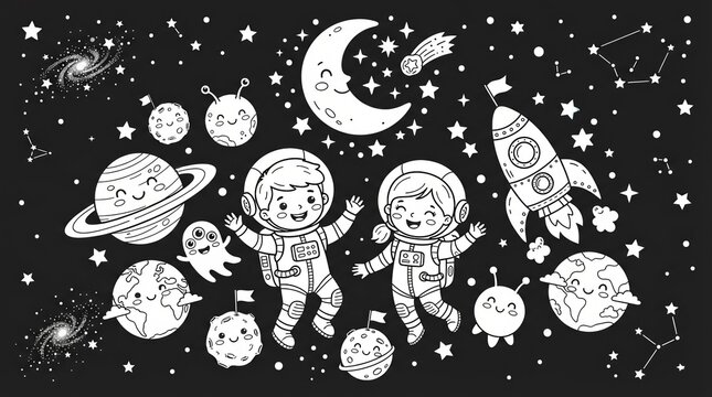 Cute cartoon astronauts floating in space with planets and rocket on black background