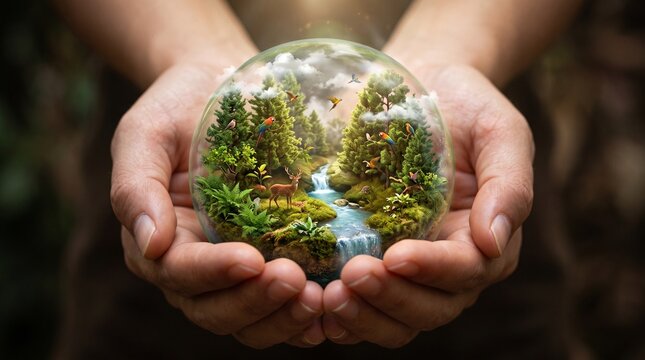A miniature forest ecosystem with a deer and birds inside a glass sphere held in human hands, symbolizing nature conservation and environmental protection