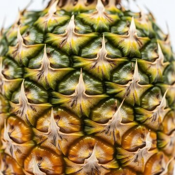 Close up texture of a fresh pineapple skin showing geometric patterns of yellow and green colors
