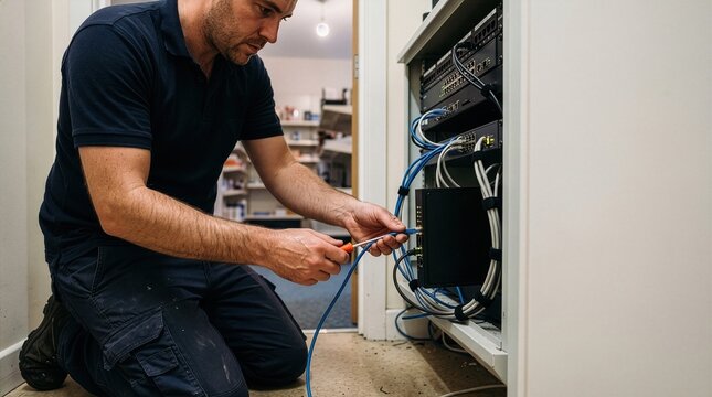 Technicien installant un c&acirc;ble r&eacute;seau sur un bo&icirc;tier pare-feu de PME