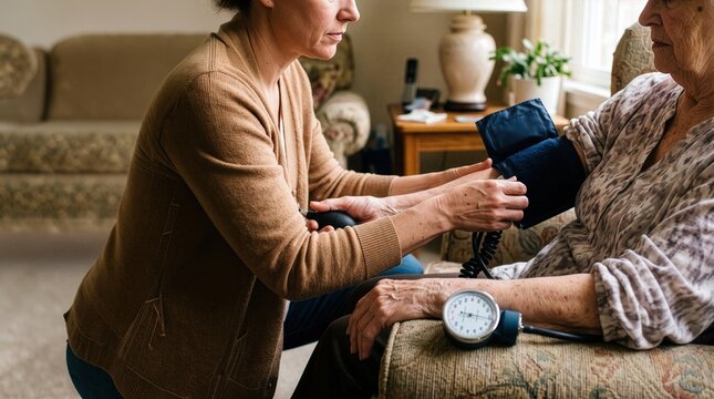 Aide-soignante prenant la tension d'une personne &acirc;g&eacute;e &agrave; domicile