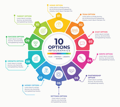 10 options business infographic template with circular process diagram, colorful decagon wheel layout, business line icons for corporate presentation, report, and marketing strategy vector