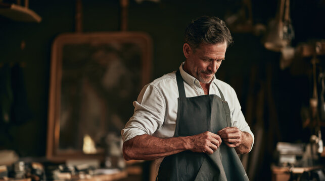 Craftsman adjusts his apron, focused on his work
