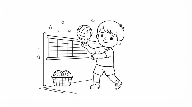 Cute little boy playing volleyball with net and balls