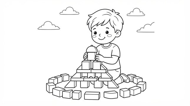 Little boy playing and building a tower with colorful blocks