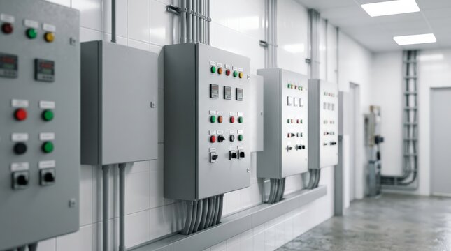 Industrial room interior featuring a large electrical panel resembling a fuse box, control buttons, switches, and conduits mounted on a white tiled wall in a facility