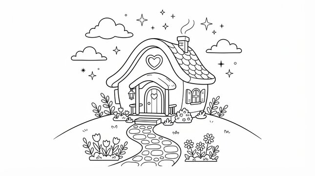 Cute fairy tale house with garden path and flowers for coloring page