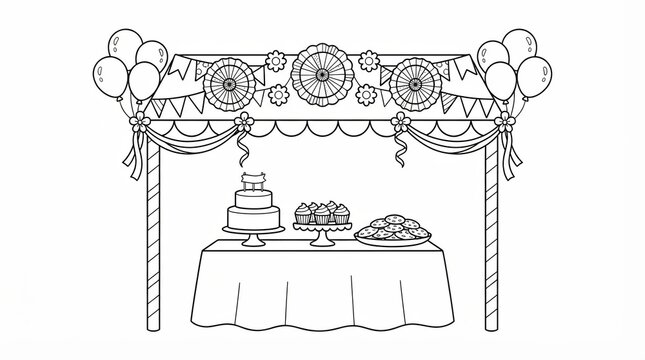 Black and white party food table with balloons and decorations