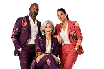 Fototapeta premium Three models wearing floral patterned suits, man and two women posing together, isolated on transparent background. Fashion photography, clothing design, textile industry, editorial portrait.