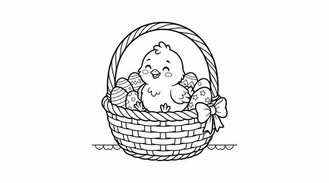 Cute little Easter chick sitting in a woven basket with patterned eggs