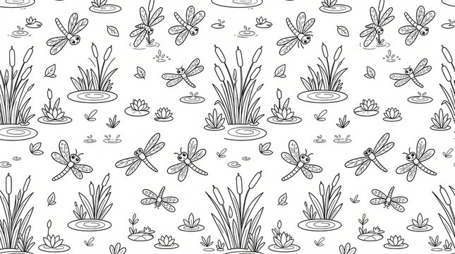 Seamless pattern with hand drawn dragonflies and reeds on a white background